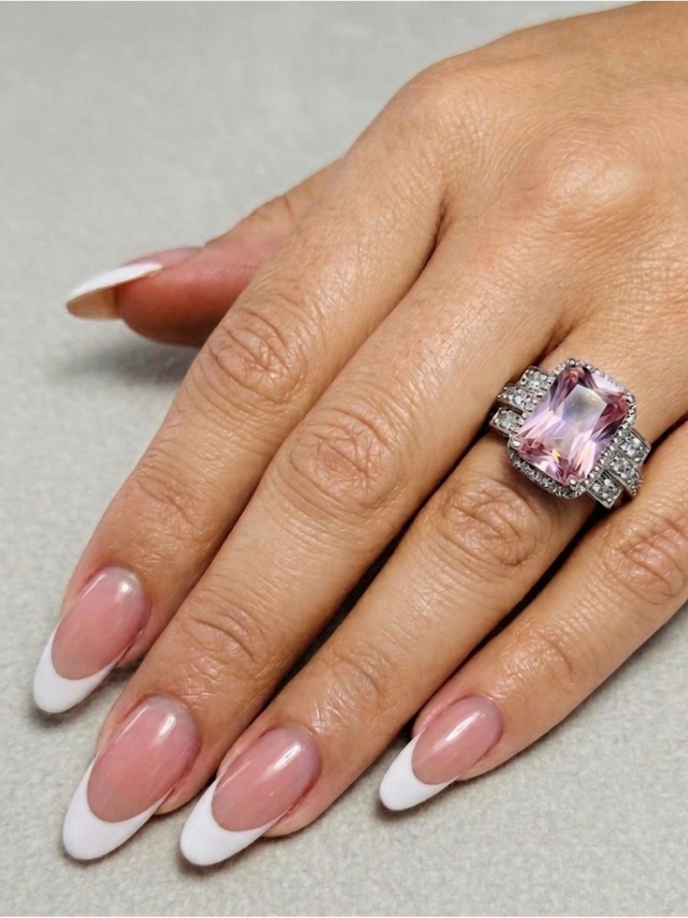 Stunning Pink CZ Emerald-Cut Halo Ring | S925 Sterling Silver | Size 6